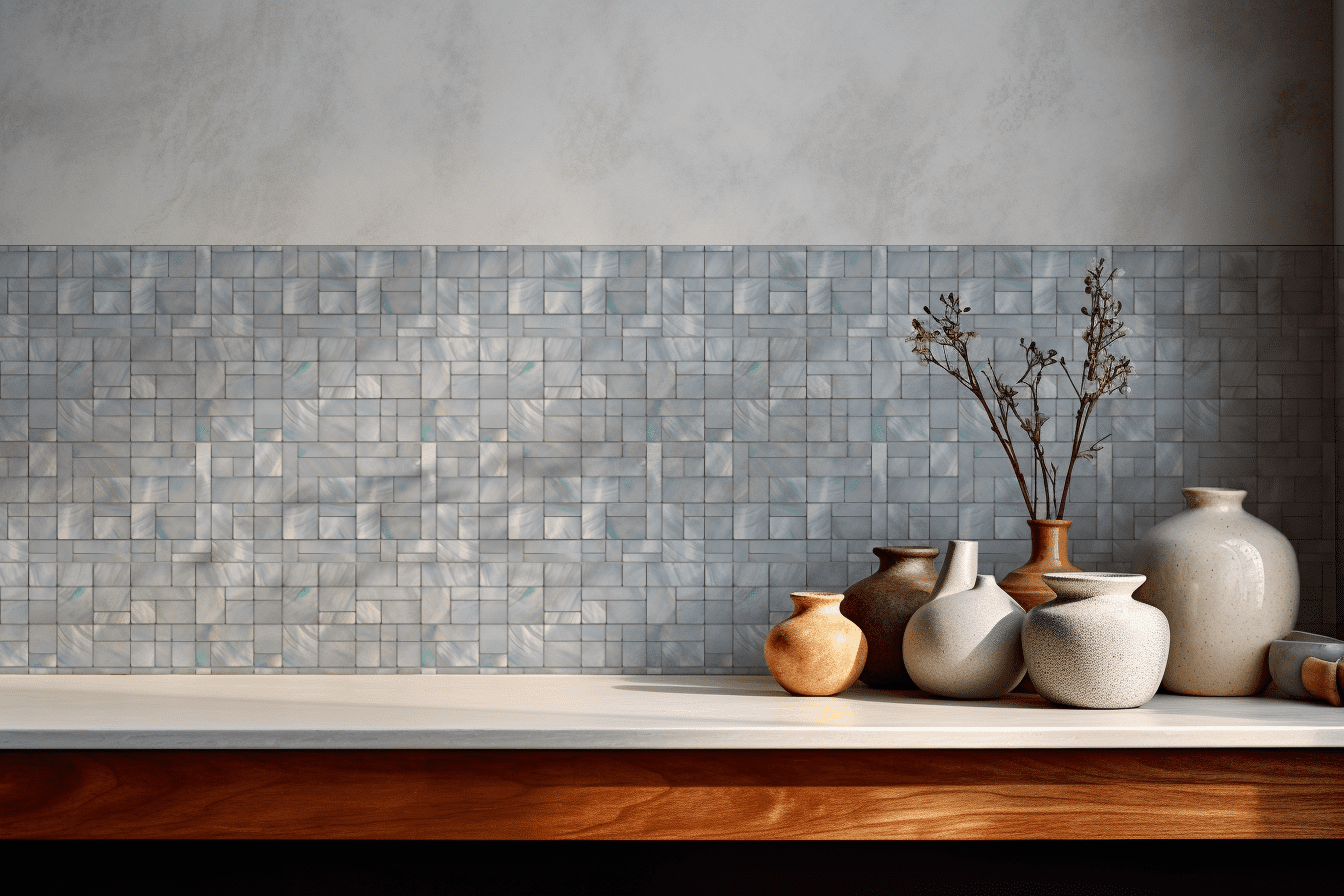 Mother-of-Pearl tile backsplash installed on the wall of a kitchen with a white stone countertop.