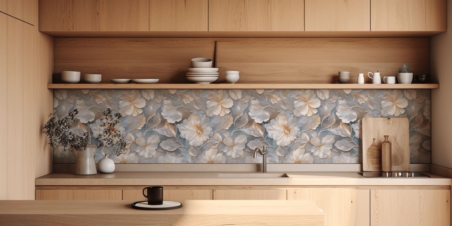 Embossed Mother of Pearl tile backsplash installed on the wall of a kitchen with wooden cabinets and grey stone countertop.