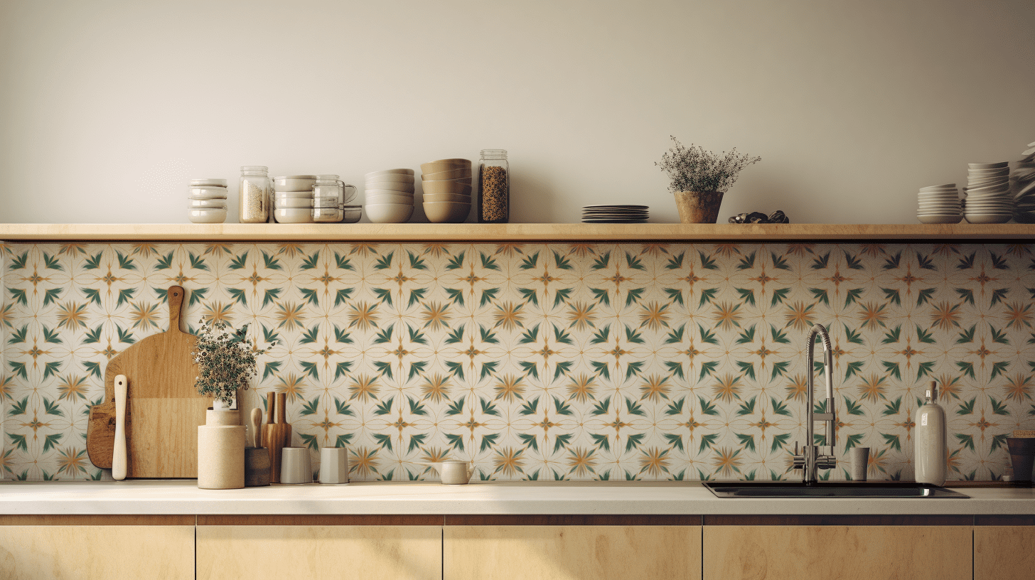 Green and Yellow Floral tile backsplash installed on the wall of a bright kitchen with wooden cabinets and white stone countertop.