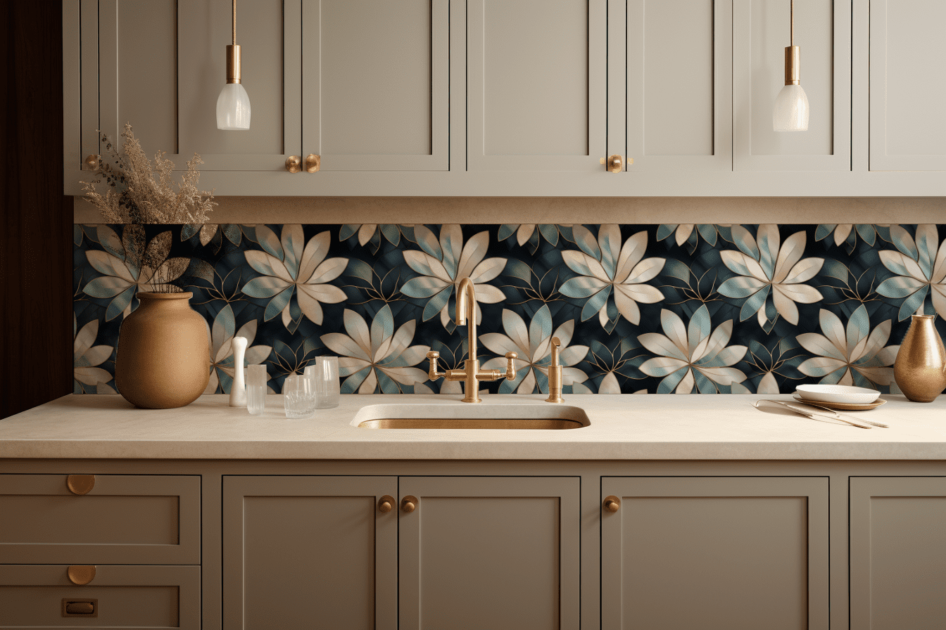 Inlay Floral Mother of Pearl tile backsplash installed on the wall of a kitchen with grey wooden cabinets and white stone countertop.
