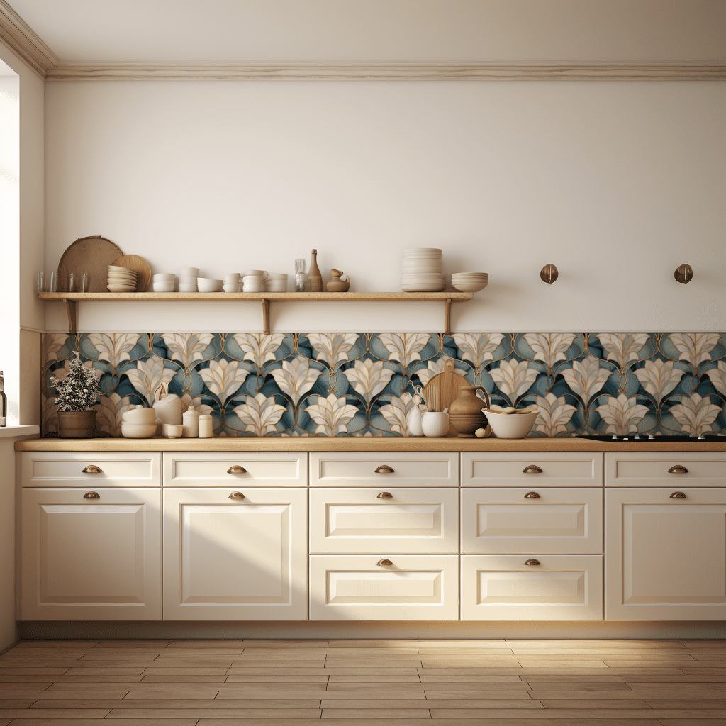 Inlay Mother of Pearl tile backsplash installed on the wall of a kitchen with off-white cabinets and wooden countertop.