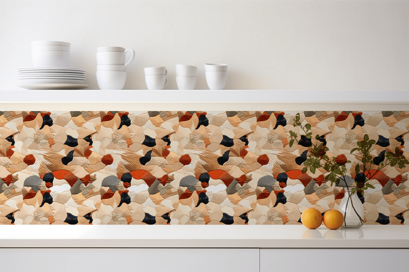 Japanese Quilt Canvas tile backsplash installed on the wall of a kitchen with white stone countertop.