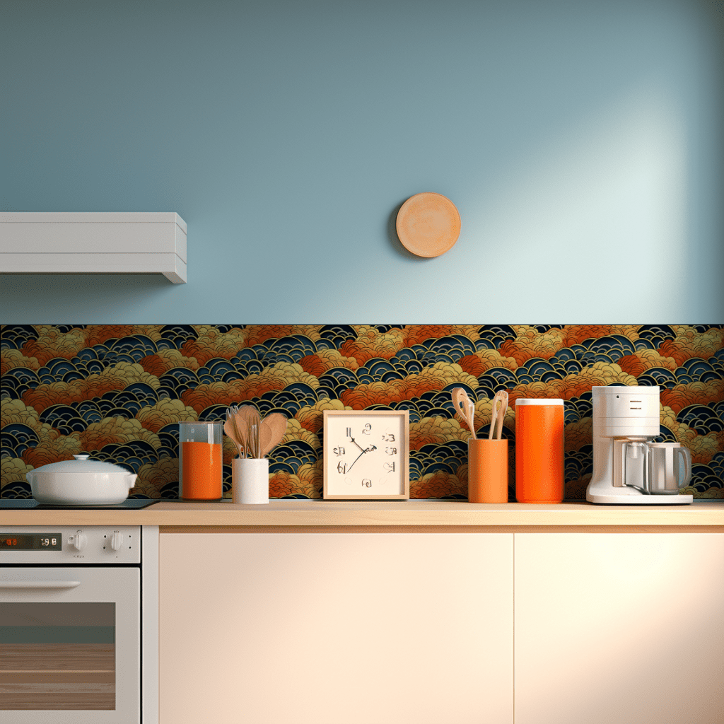 Japanese Seamless tile backsplash installed on the wall of a kitchen with wooden cabinets.