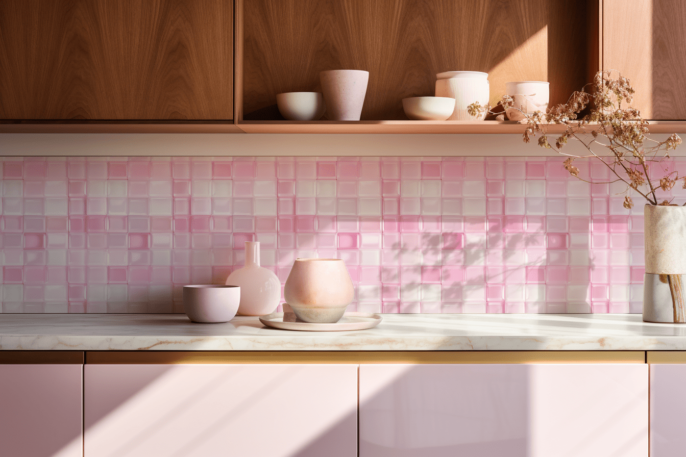 Light Pink Pebbles tile backsplash installed on the wall of a kitchen with wooden cabinets and stone countertop.