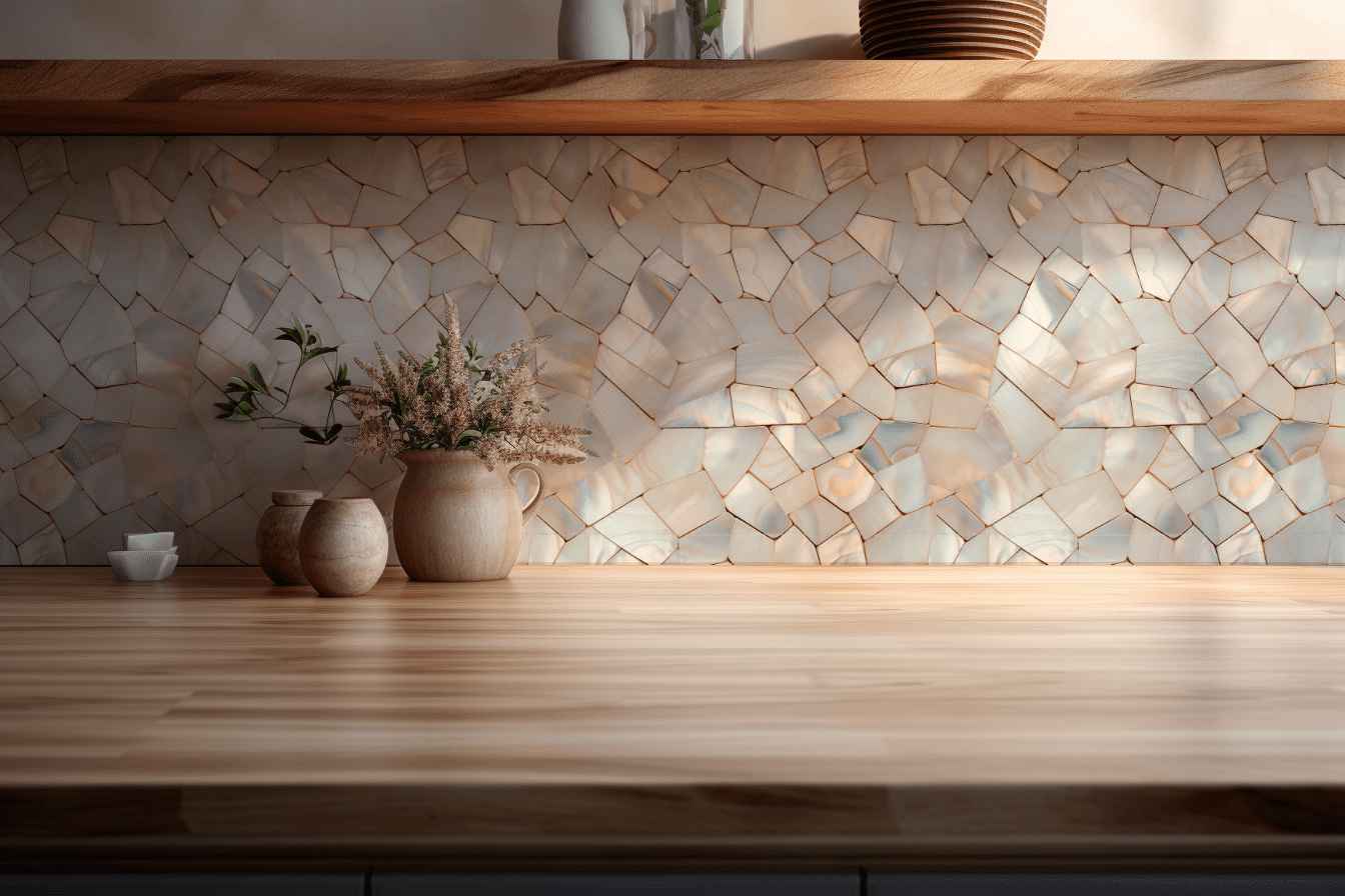 Mosaic Mother of Pearls tile backsplash installed on the wall of a kitchen with wooden countertop.