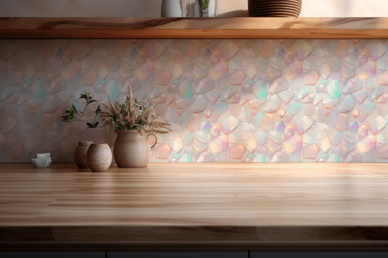 Opalescent tile backsplash installed on the wall of a kitchen with wooden countertop.