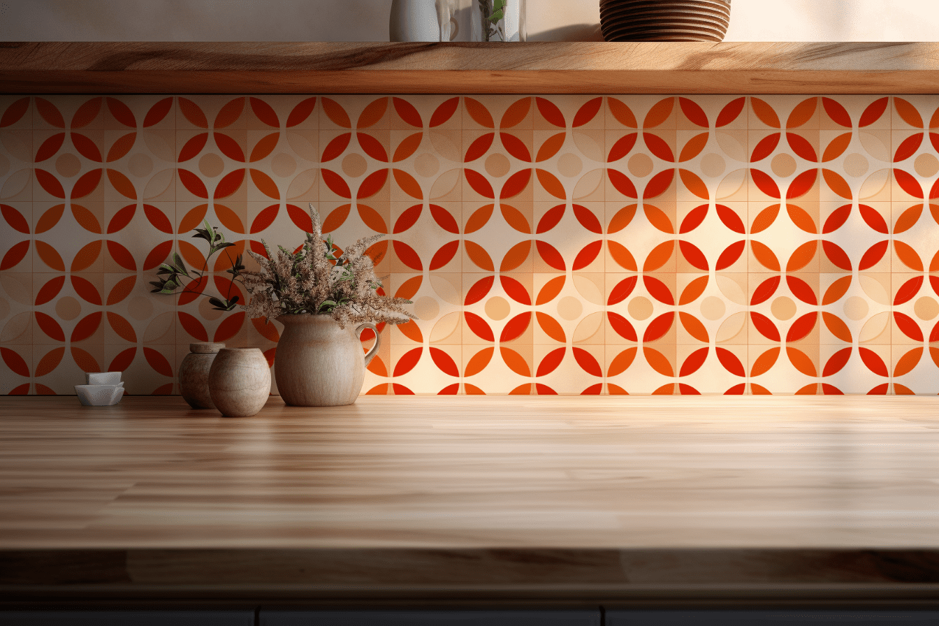 Orange Geometric tile backsplash installed on the wall of a kitchen with wooden countertop.
