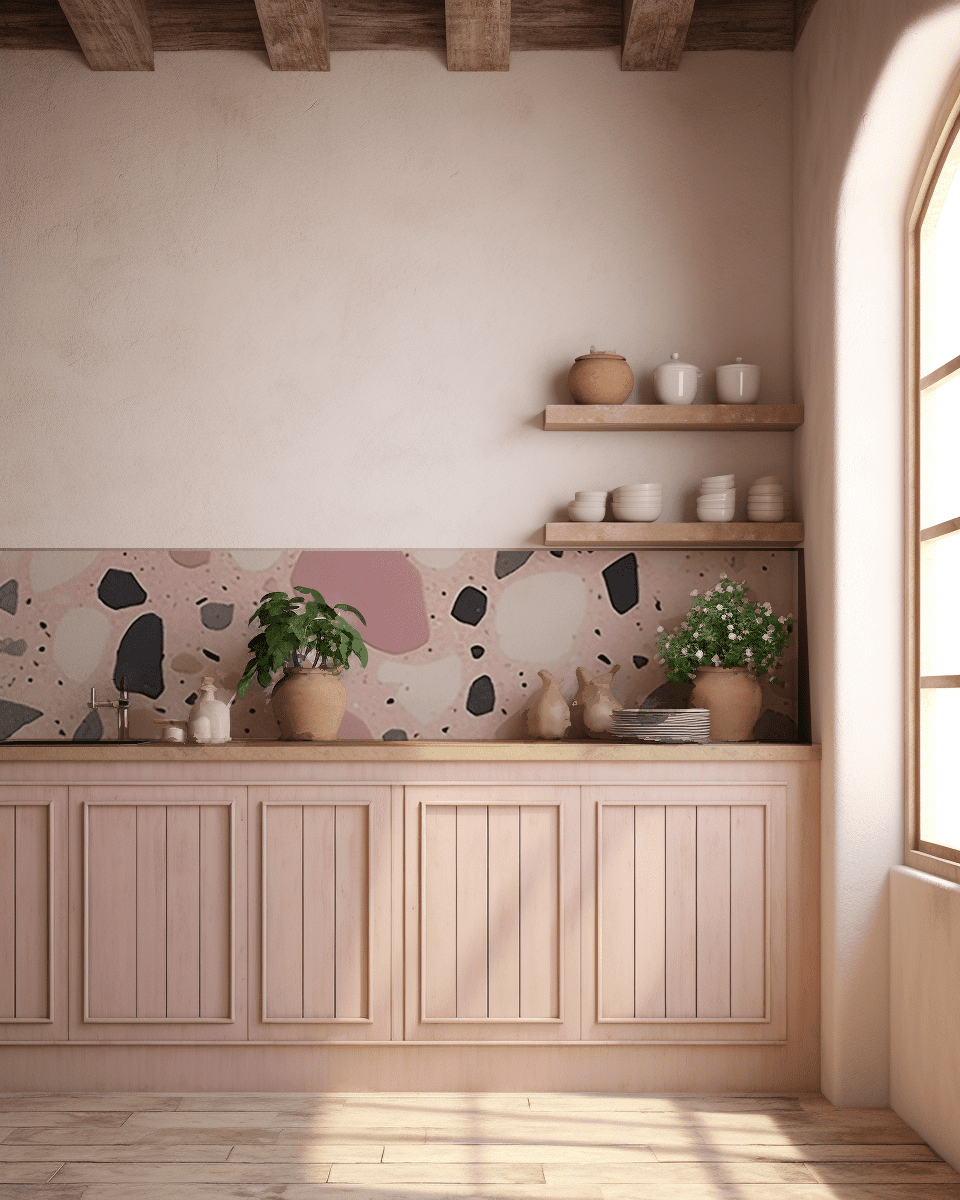 Pink Black and White Terrazzo tile backsplash installed on the wall of a kitchen with wooden cabinets and countertop.