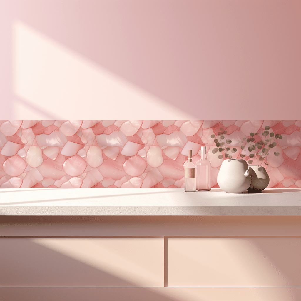 Pink Mother of Pearl tile backsplash installed on the wall of a kitchen with wooden cabinets and white stone countertop.