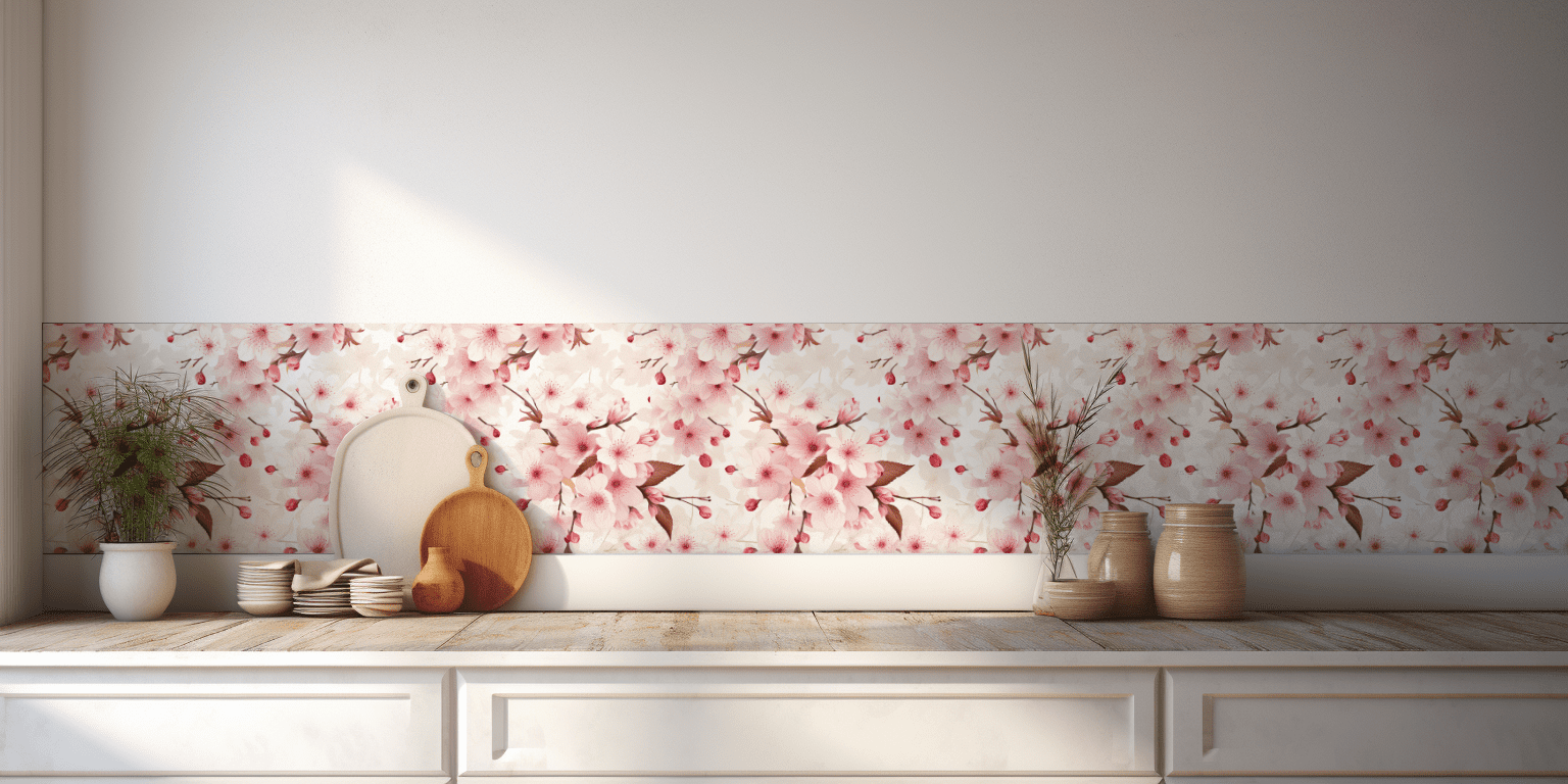Pink Sakura Cherry Blossoms tile backsplash installed on the wall of a sunlight lit kitchen with stone countertop.