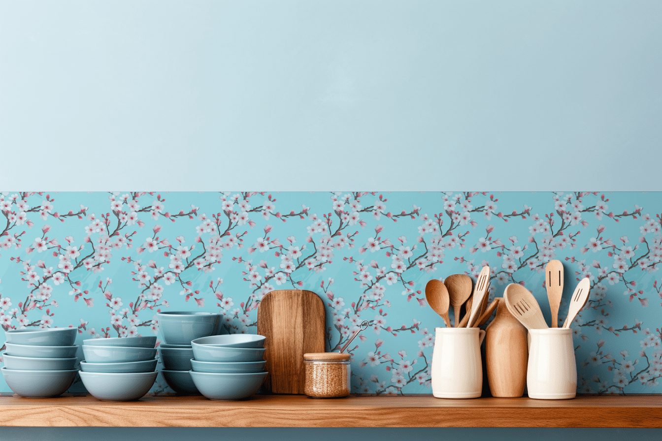 Turquoise Cherry Blossoms tile backsplash installed on the wall of a kitchen with wooden countertop and light blue utensils.