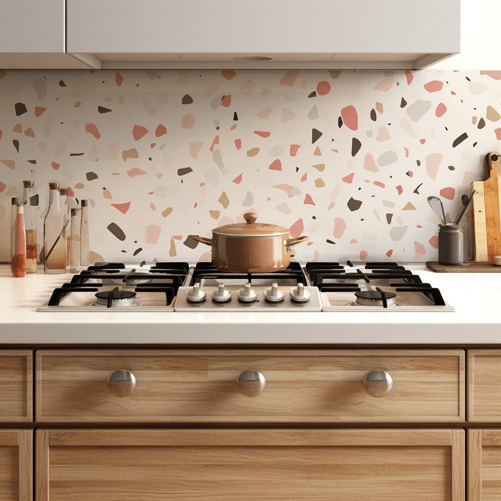 Light Terrazzo tile backsplash installed on the wall of a kitchen with wooden cabinets and white stone countertop and a stove.