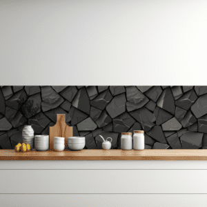 Black and Grey Masonry Stones tile backsplash installed on the wall of a kitchen with grey wooden cabinets and white stone countertop.
