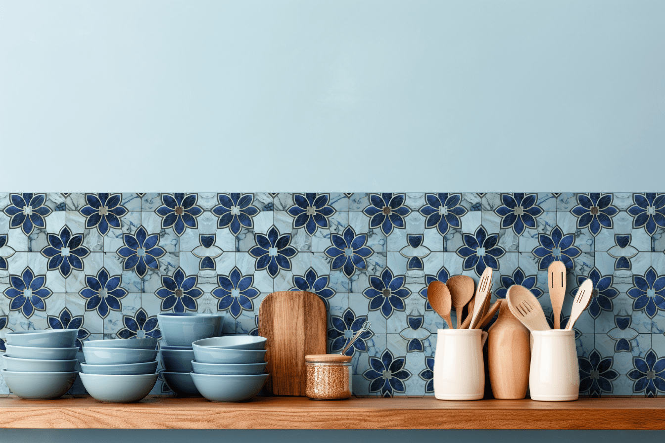 Moroccan Zellige Blue Floral tile backsplash installed on the wall of a kitchen with wooden countertop.